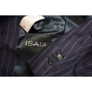 Isaia Napoli 100% Linen Navy Blue Striped 2 Pc Suit Jacket Pants 38R NEW